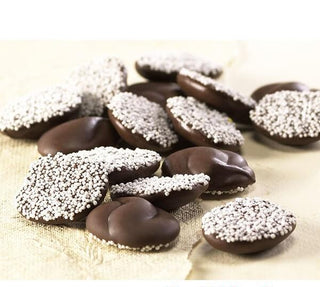 Dark Chocolate Nonpareils with White Seeds - Chamberlains Chocolate Factory & Cafe