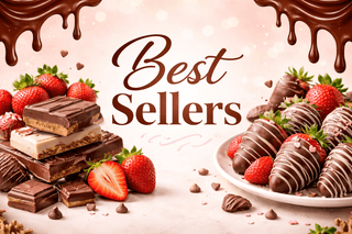 Best Selling Chocolates at Chamberlains display with strawberries and assorted chocolates, showcasing customer favorites.
