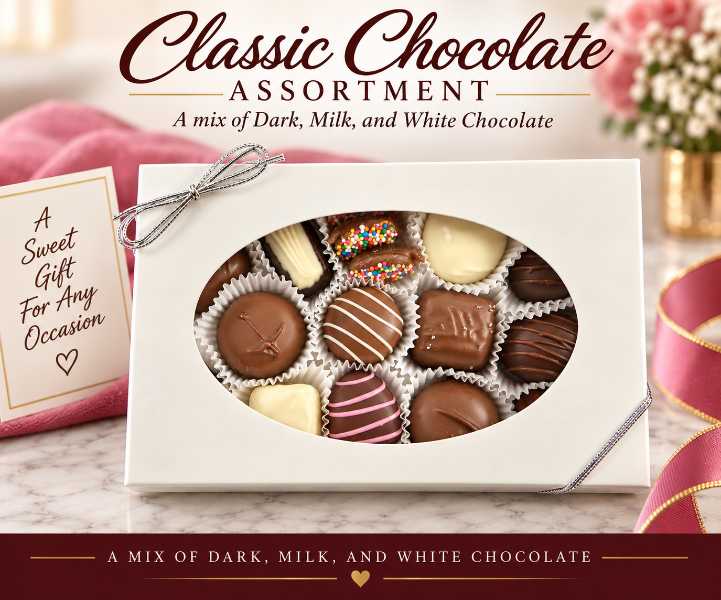 Classic chocolate assortment gift box with a mix of dark, milk, and white chocolate pieces — butter creams, caramels, and truffles in a white gift box with silver bow, crafted at Chamberlain's Chocolate Factory in Roswell, Georgia