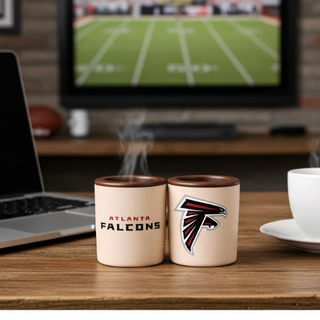 Set of 2 milk chocolate shot glasses with Atlanta Falcons edible print — one with team name, one with logo — made at Chamberlain's in Roswell, GA