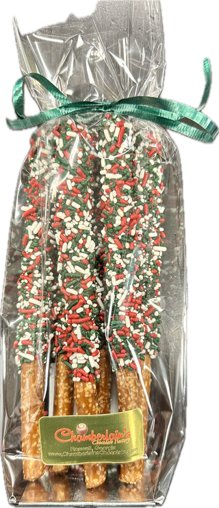 Holiday Sprinkled Pretzel Rods, Chocolate Covered - Chamberlains Chocolate Factory & Cafe