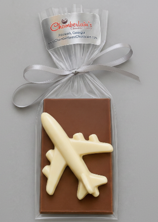 Milk chocolate molded airplane and dark chocolate bar, gift packaged with a gold ribbon — Chamberlain's Chocolate Factory
