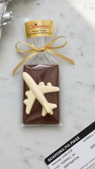 A Packaged Chocolate Gift of Molded Chocolate Airplane and Chocolate Bar. Atlanta Roswell Chamberlains Chocolate
