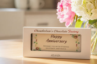 Happy Anniversary Large Chocolate Bar featuring floral design and crafted by Chamberlain's Chocolate Factory.