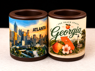 Close-up of 2 dark chocolate shot glasses side by side — Atlanta skyline edible print on left, Georgia Peach State edible print on right, made at Chamberlain's Chocolate in Roswell, GA