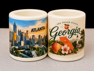 Close-up of 2 white chocolate shot glasses side by side — Atlanta skyline edible print on left, Georgia Peach State edible print on right, made at Chamberlain's Chocolate in Roswell, GA