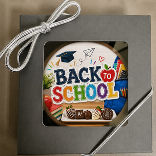 Back to School chocolate-molded Oreo gift box with colorful edible image, silver ribbon, made at Chamberlain's Atlanta studio in a peanut-free facility