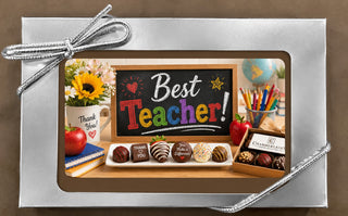 Best Teacher chocolate bar gift box with chalkboard edible image, silver ribbon, made at Chamberlain's Atlanta studio in a peanut-free facility
