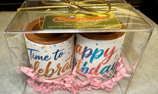 Set of 2 artisan birthday chocolate shot glasses with rainbow edible prints in a clear gift box, Chamberlain's Chocolate Factory label, Roswell Georgia, gift boxed with gold ribbon