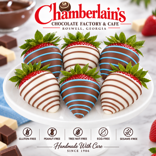 Half dozen milk and white chocolate covered strawberries with blue drizzle, peanut-free and gluten-free, crafted at Chamberlain's Chocolate Factory in Roswell, Georgia