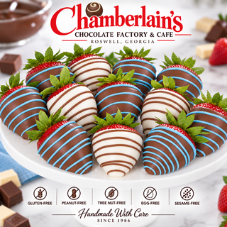 One dozen milk and white chocolate covered strawberries with blue drizzle, peanut-free and gluten-free, crafted at Chamberlain's Chocolate Factory in Roswell, Georgia