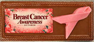 Breast Cancer Awareness Large Milk Chocolate Bar featuring solid chocolate bar topped with a solid Pink Chocolate breast cancer awareness ribbon and edible image from Chamberlains Chocolate Factory Atlanta