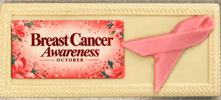 Breast Cancer Awareness Large White Chocolate Bar featuring solid chocolate bar topped with a solid Pink Chocolate breast cancer awareness ribbon and edible image from Chamberlains Chocolate Factory Atlanta