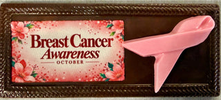 Breast Cancer Awareness Large Dark Chocolate Bar featuring solid chocolate bar topped with a solid Pink Chocolate breast cancer awareness ribbon and edible image from Chamberlains Chocolate Factory Atlanta