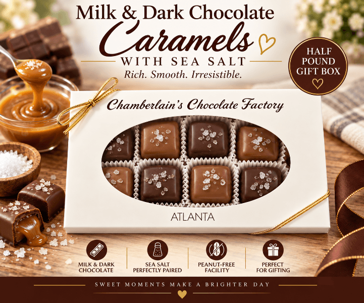 Chamberlain's Chocolate Factory half-pound milk and dark chocolate caramel collection gift box with sea salt — peanut-free facility, crafted in Atlanta, Georgia, perfect for gifting