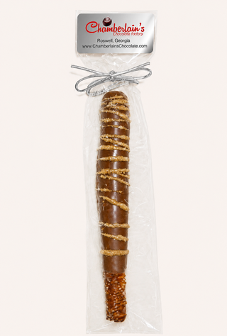Milk Chocolate covered pretzel rods, each gift packaged in a clear bag with a silver bow. Chamberlains Chocolate Factory in Atlanta