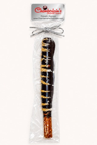 Dark Chocolate covered pretzel rods, each gift packaged in a clear bag with a silver bow. Chamberlains Chocolate Factory in Atlanta