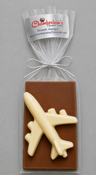 Chocolate Molded Airplane With Solid Chocolate Bar, Gift Packaged with silver ribbon by Chamberlains Chocolate Factory Atlanta