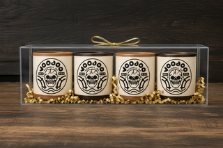 Set of 4 custom chocolate shot glasses with gold ribbon bow, premium corporate gift crafted at Chamberlain's Chocolate, Roswell GA