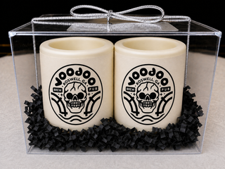 Set of 2 custom chocolate shot glasses with edible company logo with crinkle paper in a clear acrylic gift box with silver bow, corporate client gift by Chamberlain's Chocolate, Atlanta GA
