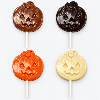 Small pumpkin-shaped chocolate lollipop photographed as a festive Halloween treat Chamberlains Chocolate