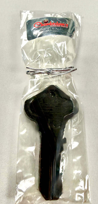 Hand Molded Chocolate Key Gift Wrapped in clear packaging with a decorative ribbon.