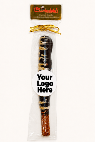 Dark Chocolate dipped and drizzled with gold shimmer pretzel rods individually wrapped with your branding logo image