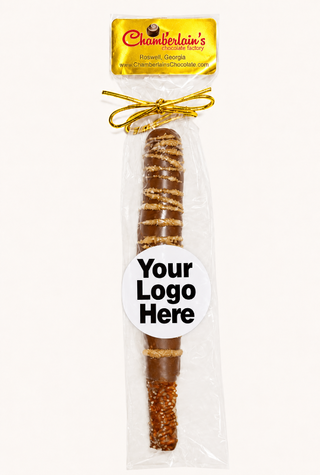 Milk Chocolate dipped and drizzled with gold shimmer pretzel rods individually wrapped with your branding logo image