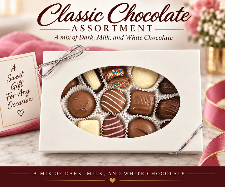 Classic chocolate assortment gift box with a mix of dark, milk, and white chocolate pieces — butter creams, caramels, and truffles in a white gift box with silver bow, crafted at Chamberlain's Chocolate Factory in Roswell, Georgia