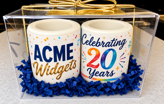 Set of 2 custom white chocolate shot glasses with edible company logo and 'Celebrating 20 Years' milestone print, in blue crinkle paper in a clear acrylic gift box with gold bow, corporate client gift by Chamberlain's Chocolate, Atlanta GA