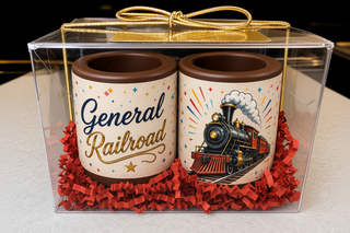 Set of 2 custom branded milk chocolate shot glasses with edible logo print and design, nestled in blue crinkle paper in a clear acrylic gift box with gold bow, corporate gift by Chamberlain's Chocolate, Roswell GA