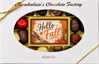 Hello Fall edible-image chocolate bar and artisan assortment gift box by Chamberlain's Chocolate Factory, Atlanta — white gift box with gold ribbon and oval window