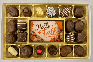 Hello Fall chocolate bar and artisan assortment gift box by Chamberlain's Chocolate Factory, Atlanta — white gift box with gold ribbon and oval window