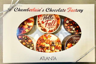 Chamberlain’s fall chocolate-covered Oreo gift box with six Oreo cookies decorated with Hello Fall and pumpkin designs