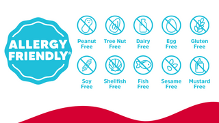 Allergy friendly icons indicating products free from common allergens such as peanut, tree nut, dairy, egg, gluten, soy, shellfish, fish, sesame, and mustard.