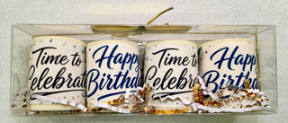 4 artisan white chocolate shot glasses with blue edible birthday prints in a clear gift box with Chamberlain's Chocolate label, Roswell Georgia