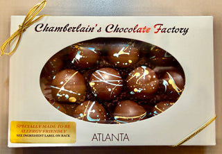 A box of Allergy Friendly Chamberlain's Chocolate Factory chocolate truffles in a box with an allergy-friendly badge on the bottom left, with 'Atlanta' printed at the bottom right.