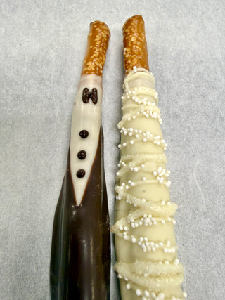 Bride & Groom Chocolate-Dipped Pretzel Rods — Wedding Favor Pair