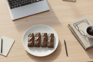 Allergen Friendly Vegan Keto Dark Chocolate Maple Bars on a plate beside a laptop and coffee.