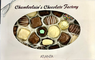 Chamberlain's Chocolate One Pound Classic Assortment Box featuring a variety of milk, white, and dark chocolates.