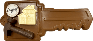 Chocolate Giant Key With House Theme For Real Estate, including chocolate hammer and house, hand molded 9-inch key.