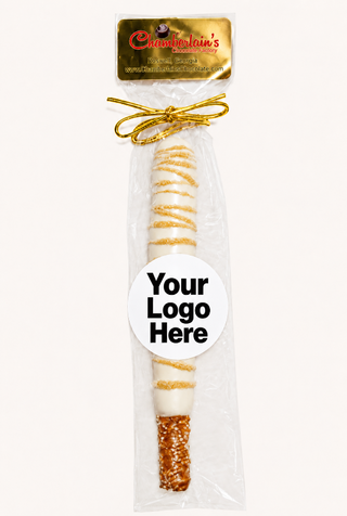 White Chocolate dipped and drizzled with gold shimmer pretzel rods individually wrapped with your branding logo image
