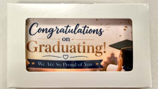 Graduation Small Solid Chocolate Bar With Image featuring a congratulatory message and graduation theme.