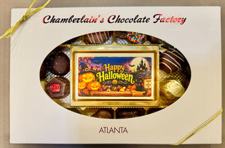 Gift box with “Happy Halloween” image: “Chamberlain's Halloween chocolate gift box with assorted chocolates and Happy Halloween edible image bar