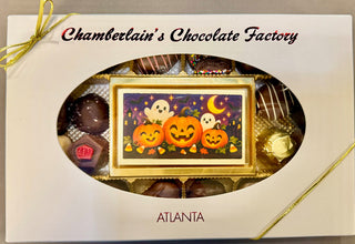 Gift box with pumpkin-and-ghost image: “Chamberlain's Halloween chocolate gift box with pumpkin and ghost edible image bar