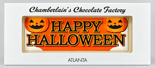 Gift-ready Happy Halloween chocolate bar with a fully edible image, available in milk, semi-sweet, or white chocolate. Made in Roswell, GA.