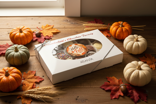 Chamberlain's Chocolate Factory Hello Fall gift box assortment featuring a Hello Fall edible-image chocolate Oreo surrounded by butter creams, caramels, rainbow nonpareils, and assorted chocolates in gift box — Atlanta, GA