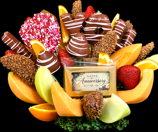 "I Love You" anniversary chocolate-dipped fruit bouquet in Roswell, Atlanta. Strawberries, pineapple & a Happy Anniversary chocolate bar included. Atlanta Roswell Chamberlains Chocolate