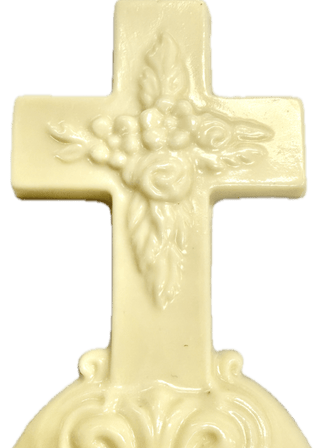 Handcrafted Chocolate Cross 8 Boxed Gift in white chocolate with floral design, elegantly crafted and gift boxed.