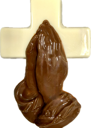 Hand-Molded Solid Chocolate Cross with Praying Hands — Gift Boxed, detailed chocolate design